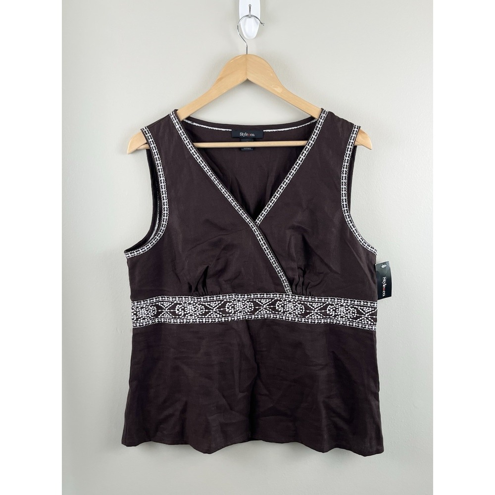 Style & Co NWT Embroidered Babydoll Y2K Top 100% Linen Brown Sleeveless Size 14